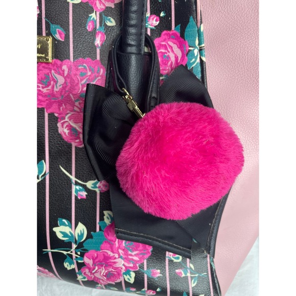 Betsey Johnson Satchel Bag Pink Black Floral Print Top Handle Crossbody Charm - Picture 4 of 12